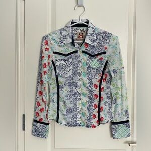 APARTMENT Handmade Colombia Patchwork Floral Button Down Shirt Size Small Fitted